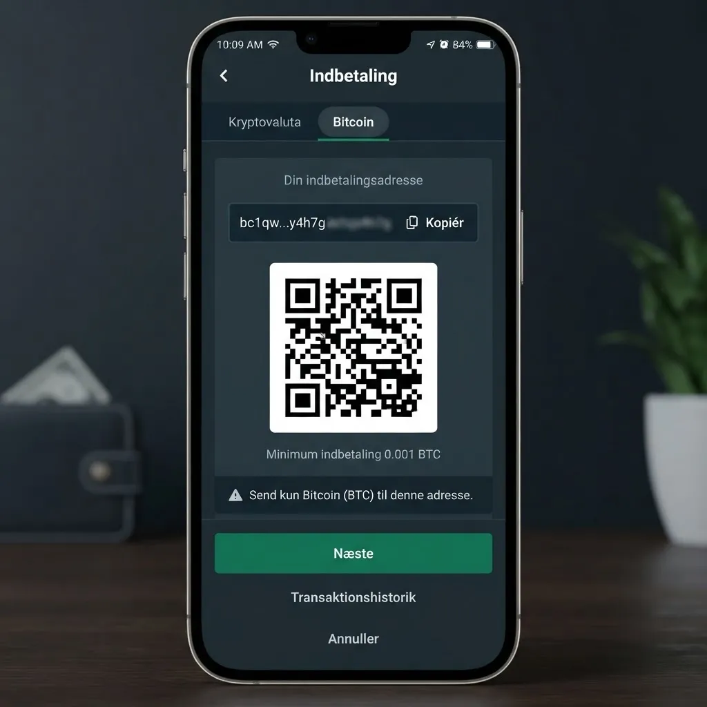 Casino-kasse med krypto-indbetaling, adresse, QR-kode og minimum