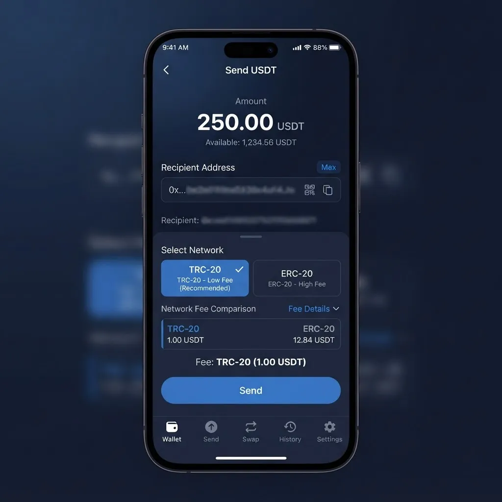 Wallet-Sendebildschirm mit Netzwerkgebühr für USDT im TRC-20- und ERC-20-Netzwerk